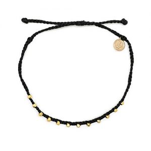 Pura Vida Gold Stitched Beaded Anklet Black - Waterproof, Artisan Handmade, Adjustable, Threaded, Fashion Jewelry for Girls/Women