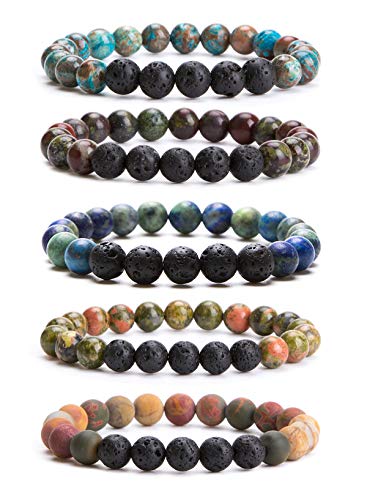 Bivei Lava Rock Stone Essential Oil Diffuser Bracelet - Natural Semi Precious Gemstone Beads Healing Crystal Bracelet (Set of 5 A)