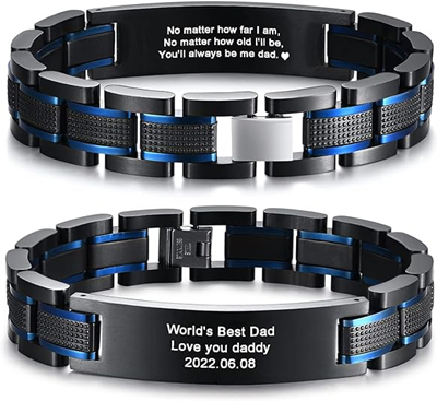 Engraved Bracelets For Men - VNOX Custom Personalized Elegant Stainless Steel Two-Tone Blue&Black Link Bracelet